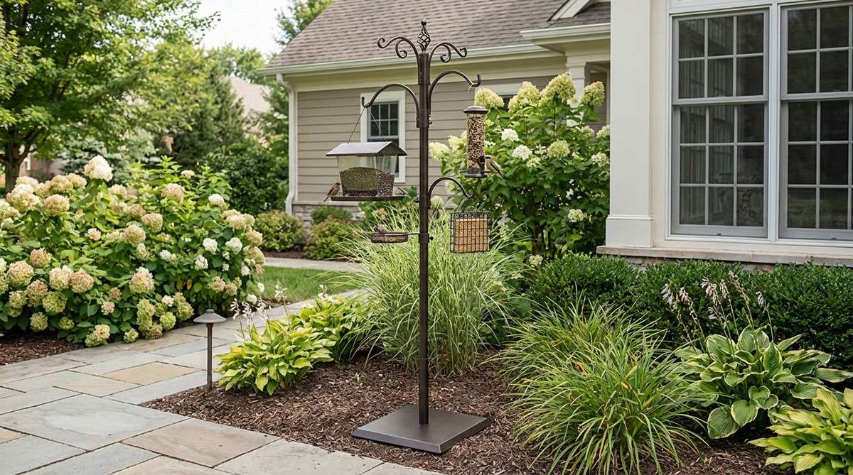A freestanding steel bird feeder pole with multiple adjustable arms supporting various feeder styles. Features a heavy base plate for stability without ground insertion, powder-coated for weather resistance, and decorative finials for vertical accent. Ideal for garden decor and bird watching from indoor spaces.
