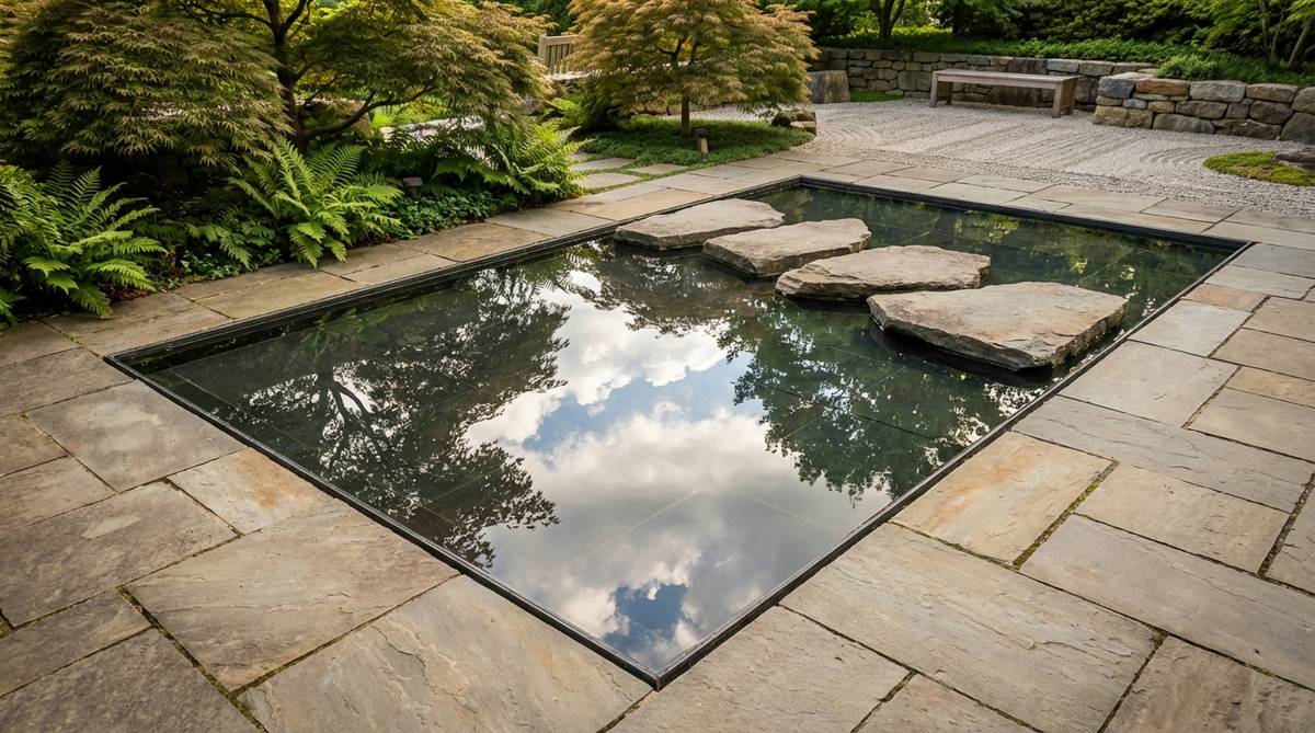 A shallow dark-bottomed pool in a zen garden that perfectly mirrors the sky and surrounding plantings, with water level maintained precisely at ground plane to eliminate visible edges and maximize reflectivity.