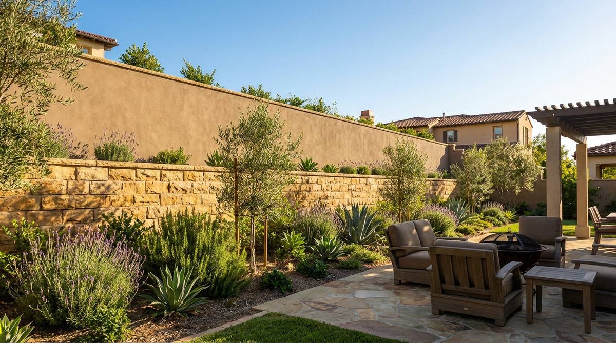 A garden wall featuring a stone base transitioning to a smooth stucco upper section, illustrating textural contrast and visual zoning. This combination reduces stone volume and complements Mediterranean or Spanish Colonial styles, with stucco applied over cement board or concrete backing using traditional or synthetic systems, tinted to match stone tones.