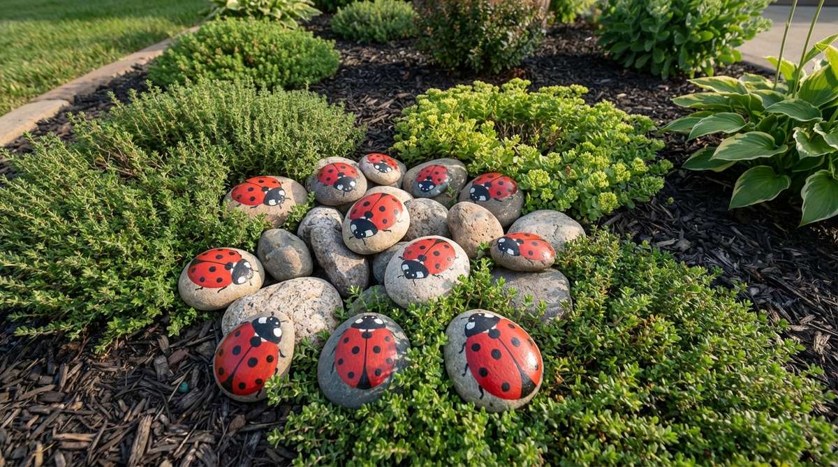 Hand-painted river rocks featuring red and black ladybug patterns, designed as garden decor ornaments to add color at soil level among groundcovers. Painted with durable exterior acrylics for seasonal charm.
