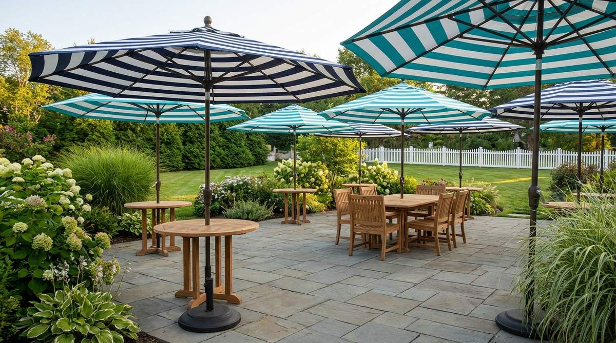 Classic market umbrellas with bold navy-white or turquoise-white stripes providing portable shade for outdoor summer decor. These commercial-grade umbrellas feature powder-coated aluminum frames and solution-dyed acrylic canopies, available in 9-foot and 11-foot sizes to shade cafe tables or dining sets. Perfect for nautical-themed outdoor spaces with weighted bases for stability in various wind conditions.