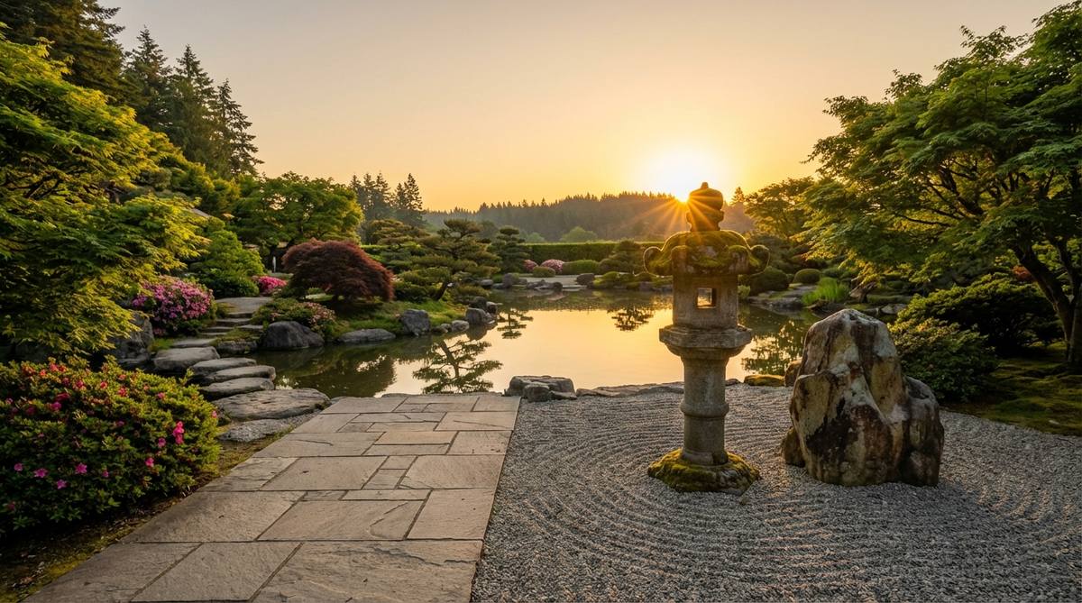 A serene Japanese garden scene capturing the precise alignment of a viewing position and distant focal point with the June sunrise during the summer solstice. The image highlights a stone lantern or distinctive boulder catching the first light, symbolizing ancient astronomical tracking and seasonal meaning in garden design.