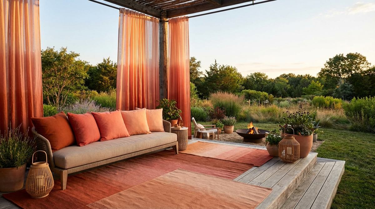 A boho decor style image showcasing sunset gradient layering with ombre effects using colors from deep burnt orange to coral and soft peach. It features cushions arranged in gradients on a sofa, layered rugs in tonal progressions, and dip-dyed curtains, mimicking natural color transitions for a harmonious and pleasing aesthetic.