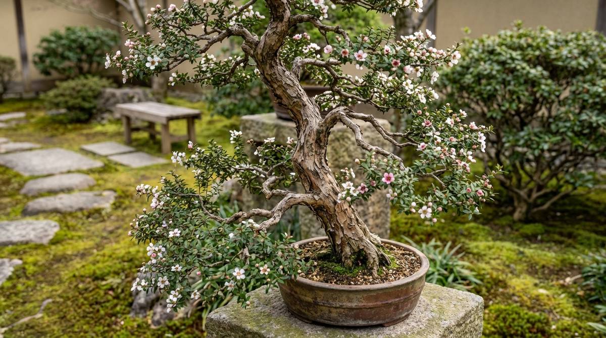 A close-up image of a Tea Tree (Leptospermum species) bonsai from a Japanese garden, showcasing its naturally twisting branches without extensive wiring. The small leaves and dense growth are ideal for smaller bonsai formats. White or pink flowers bloom along the branches in spring, while the exfoliating bark adds textured interest to the trunk and major branch surfaces.
