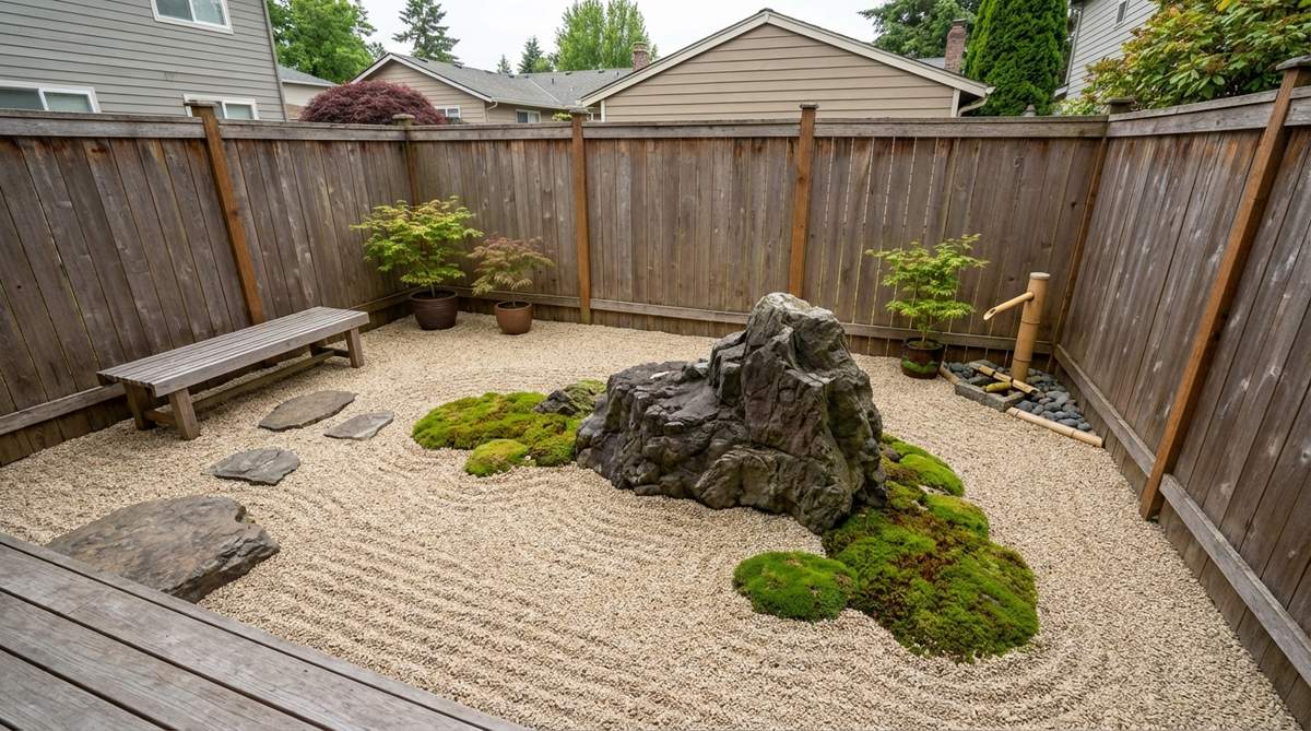 A minimalist Japanese stone garden in an enclosed courtyard, featuring a single dramatic stone, carefully raked gravel, and strategic moss placement that creates maximum visual impact in minimal space.
