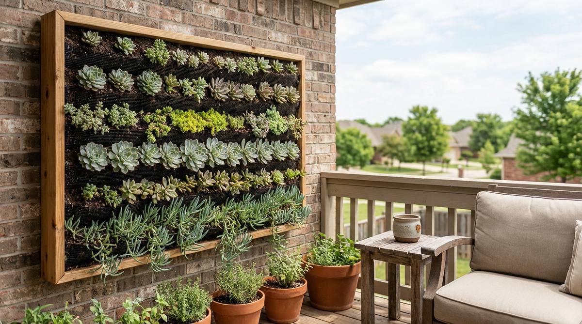 A vertical succulent frame showcasing a living wall of succulents arranged horizontally, ideal for balcony decor. The shallow-rooted plants adapt well to vertical growth, requiring bright indirect light and less frequent watering. Perfect for adding greenery to small spaces.