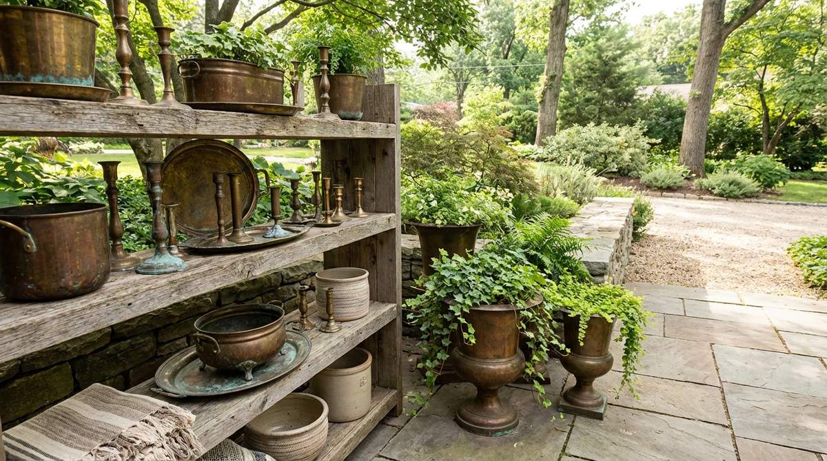 Tarnished brass planters, trays, and candlesticks with aged patina and greenish oxidation tones, grouped on shelving or used as planters for trailing plants to add warm metallic accents to earthy boho decor.
