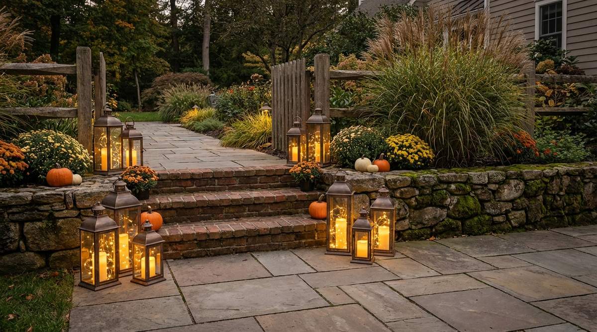 A curated collection of vintage-style lanterns placed along paths, steps, and walls to create a timeless Halloween ambiance. The warm glow highlights hardscape textures and planting edges, with lanterns grouped in odd numbers for visual appeal. Features LED candles or fairy lights for safe, long-lasting illumination during Halloween evenings.