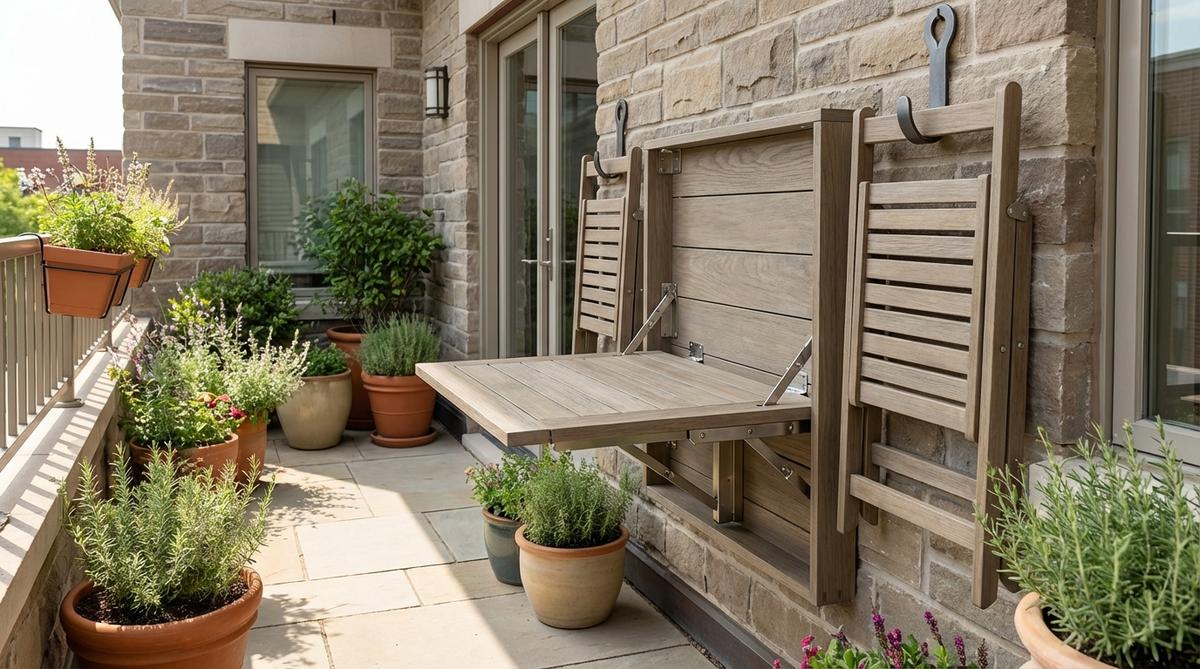 A modern wall-mount drop-leaf table with folding chairs, designed for small outdoor spaces like balconies or courtyards. The table folds down for use and up to save space, featuring marine-grade hinges for durability. Matching chairs hang on wall hooks, supporting up to four diners efficiently.