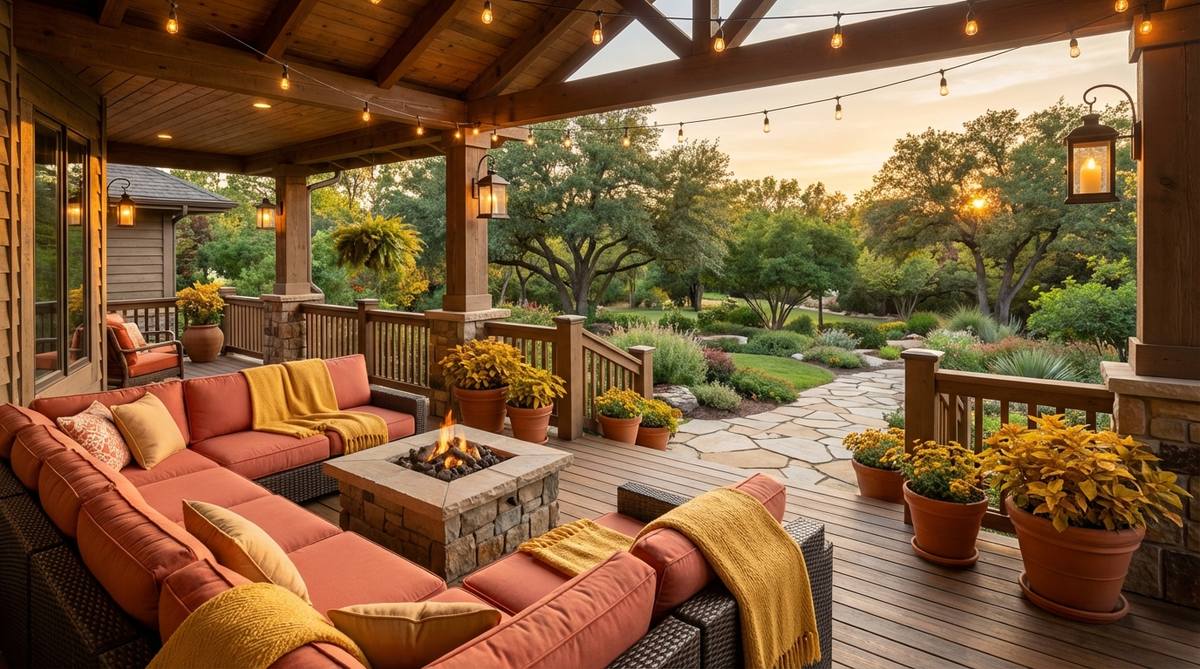 A vibrant outdoor porch decorated with warm sunset colors including coral, terracotta, and golden yellow accents, showcasing the 50-30-10 color rule for a balanced and inviting atmosphere.