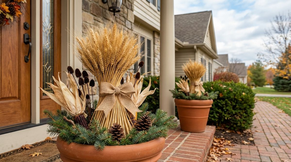 A decorative bundle of dried wheat tied with ribbon, placed in a planter beside a doorway as part of outdoor Christmas decor. The golden tones of the wheat add warmth to traditional evergreen color schemes, creating a harvest-to-winter transitional element. Combined with dried corn husks and seed heads for textural variety, the vertical form provides height variation in mixed arrangements.