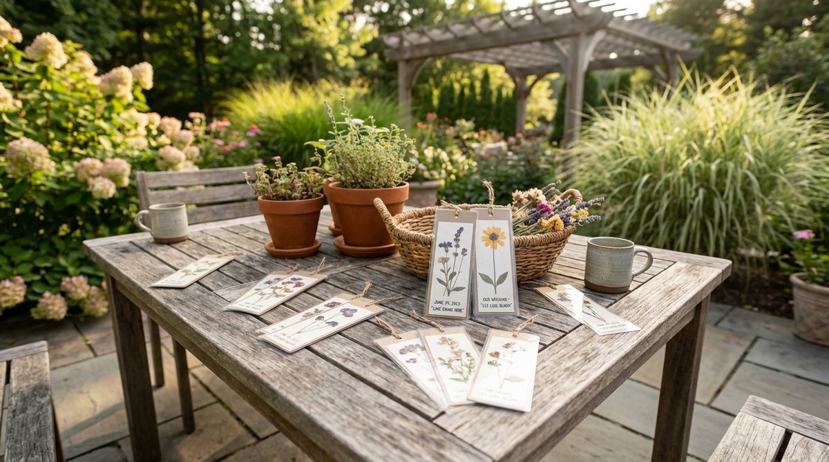 Handmade bookmarks featuring pressed wildflowers laminated between cardstock layers, personalized with wedding date and meaningful quote. Perfect boho wedding favor that guests can use long after the celebration.