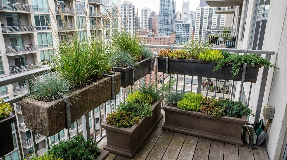 A practical urban balcony garden setup featuring heavy, low-profile containers secured to railings with wind-tolerant plants like ornamental grasses and sedums. The wind-resistant configuration demonstrates how to withstand high-rise exposure and frequent gusts with squat containers, wide bases, and sturdy plant choices.
