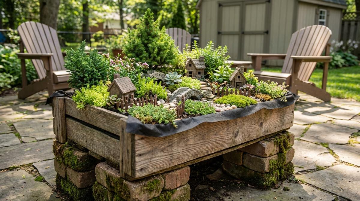 A rustic fairy garden village created in a wooden produce crate, featuring multiple miniature structures and layered plantings. The natural wood grain and weathered finish complement organic planting schemes with landscape fabric lining and elevated display on bricks.
