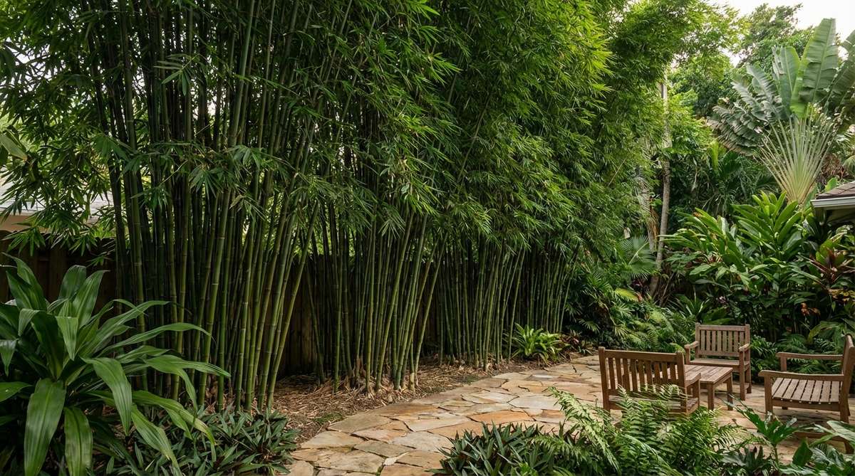 A dense living wall of clumping bamboo, such as Bambusa textilis or Bambusa oldhamii, planted 3 feet apart and reaching 15-20 feet tall, providing year-round privacy screening in a tropical garden setting.