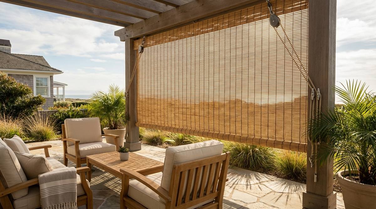 A natural bamboo roll-up blind attached to a pergola side, providing adjustable shade and privacy for outdoor summer decor. The slatted construction filters light while maintaining airflow, with marine-grade hardware and pulley systems for easy operation. This tropical material coordinates with wood furniture and neutral textiles, ideal for coastal or island aesthetics.