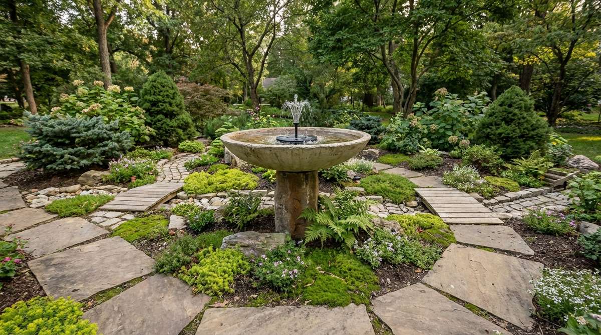A shallow bird bath on a pedestal serves as an elevated water feature in a fairy garden, with plants around the perimeter and a small fountain pump to attract wildlife. Stones and miniature bridges integrate it into pathways, providing excellent drainage and easy viewing for gardeners with mobility limitations.