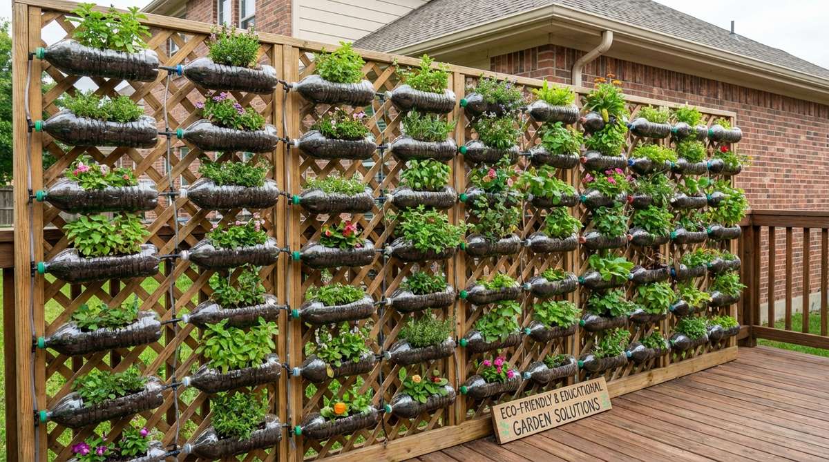 A vertical garden made from recycled plastic bottles, stacked to create self-watering planters for balcony wall decor, showcasing eco-friendly and educational gardening solutions.