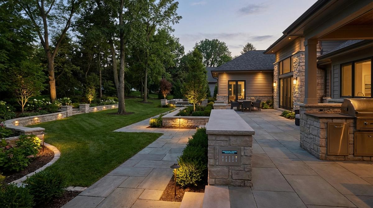 An illustration showing architectural lighting integrated with building automation systems, featuring BACnet or Modbus protocols for unified control of HVAC, security, and lighting from a single interface.