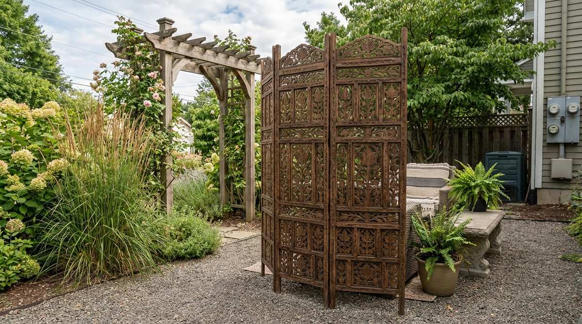 A freestanding carved wood screen divider with intricate lattice patterns, used to create privacy zones in boho garden spaces while allowing airflow. Perfect for defining outdoor room boundaries or concealing utility areas in garden designs.