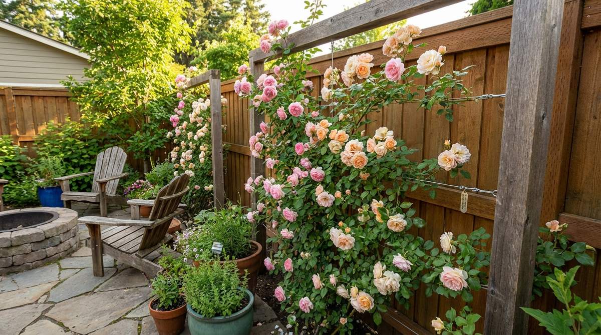 A vertical trellis supporting climbing roses creates a fragrant privacy screen in a cozy garden. The roses bloom seasonally with repeat-blooming varieties extending floral displays from spring through fall. Training canes horizontally along trellis wires encourages more flowering nodes. Metal or wood trellises mounted 6 inches from fence surfaces allow air circulation to prevent fungal issues.
