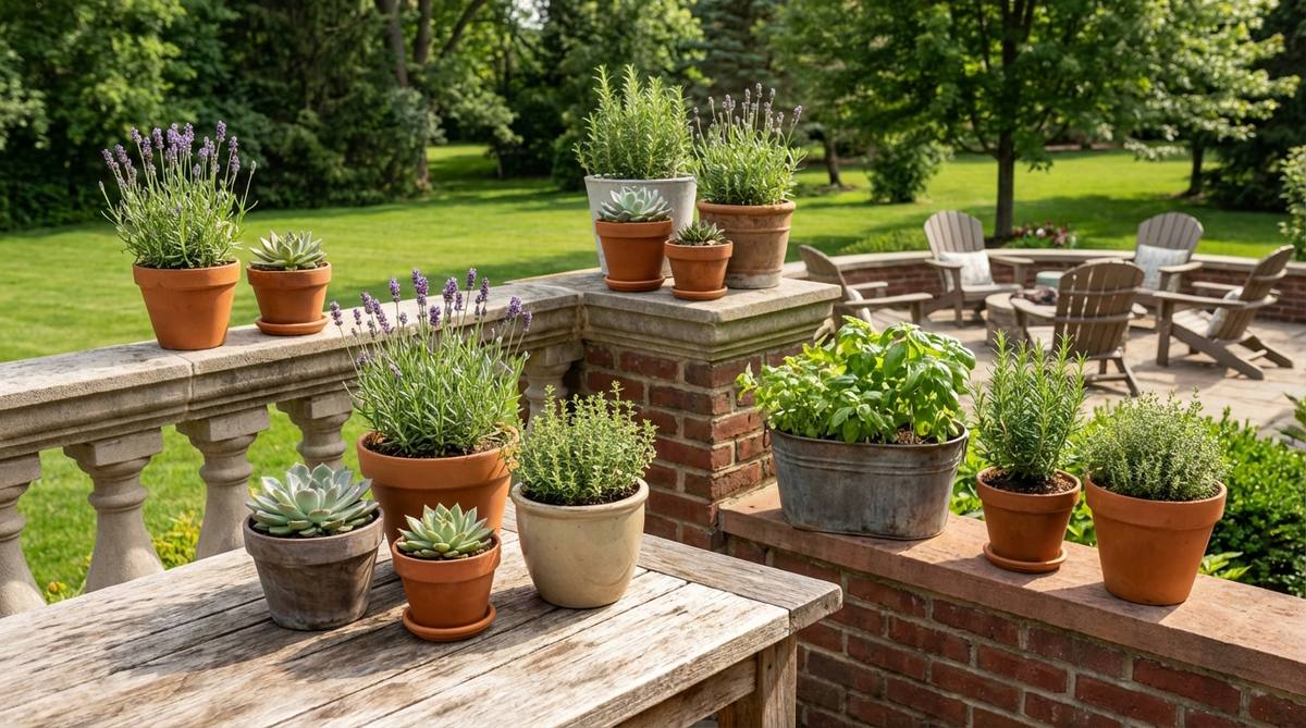Small outdoor planters measuring 10-14 inches, perfect for tabletop displays, tight spaces, balcony railings, and narrow ledges. Ideal for holding single specimens or small herb collections, these compact accent planters can be arranged in grouped clusters for maximum visual impact in outdoor decor settings.