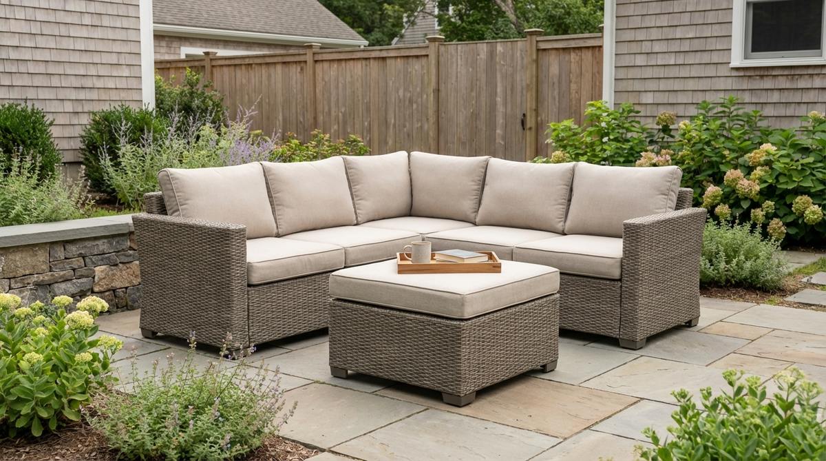 A compact L-shaped corner sofa with ottoman designed for small garden spaces. This space-saving furniture features weather-resistant materials, removable cushions, and a versatile ottoman that serves as a coffee table, footrest, or extra seating.