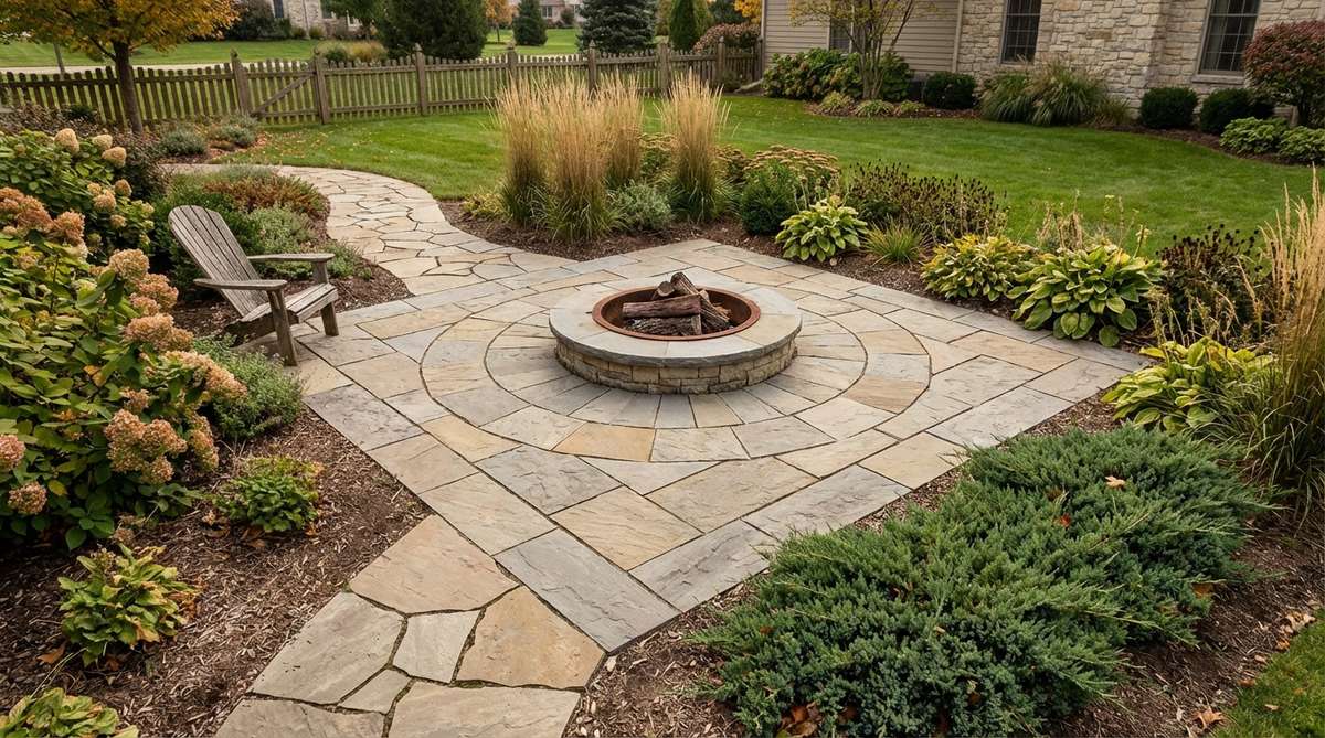 A stone garden path featuring a concentric square landing with progressively larger stone borders arranged in rings, creating a target-like pattern at a pathway intersection or termination point. The design draws attention naturally and works beautifully around circular garden features like fountains or fire pits.