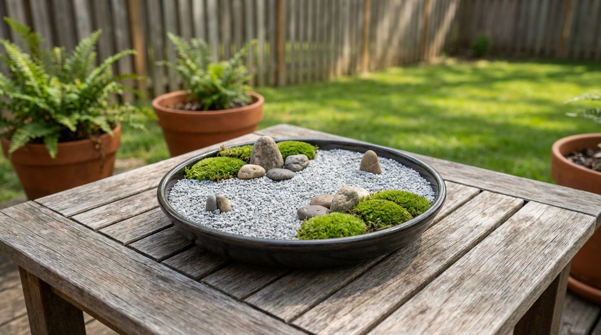 A portable Japanese stone garden in a shallow container, featuring miniature stone arrangements with small gravel and preserved moss, ideal for apartments and offices to bring contemplative aesthetics and daily meditative practice into limited spaces.