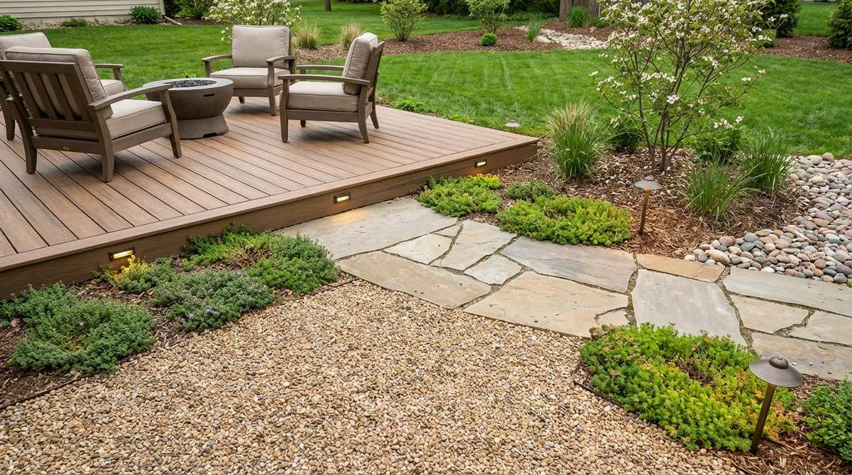 A small garden space showcasing contrasting surface materials including gravel, pavers, decking, and groundcovers to create visual and tactile zone transitions without physical barriers. The image demonstrates how material changes guide movement through the space while providing natural locations for lighting placement.