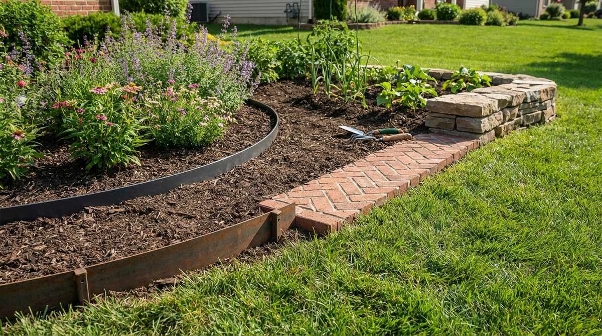 A close-up view of decorative edging in a garden, showing clean lines separating planting beds from a lawn. Features materials like steel, aluminum, composite borders, soldier-course brick, or vertically positioned stone, with installation details such as flush or slightly raised metal edging secured with stakes.