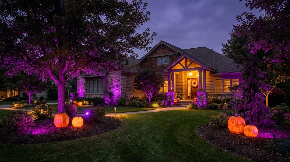 A theatrical outdoor Halloween lighting setup featuring a unified color scheme of purple and orange, with LED fixtures illuminating a garden and house to create a dramatic glow without clutter, suitable for energy-efficient and safe decor.