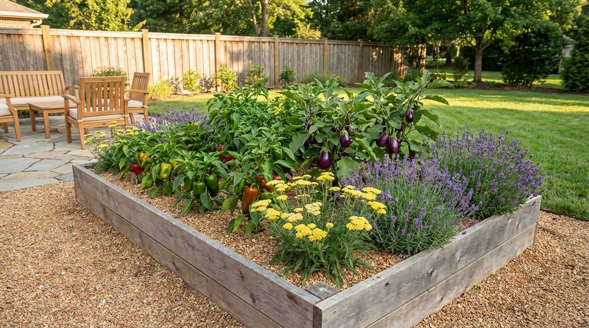 A shallow raised bed with gravel mulch featuring heat-loving vegetables like peppers and eggplant alongside sun-loving flowers such as yarrow and lavender, creating a Mediterranean-style garden perfect for hot summers with reduced water needs.