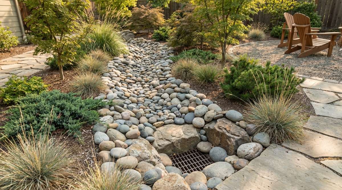 An image showing a dry stream bed in a Zen garden, featuring river stones arranged in flowing curves to symbolize seasonal waterways, with a slightly graded bed and drainage system for functionality during heavy rain.