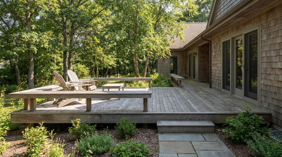 A weathered cedar or ipe wooden platform extending along a building's perimeter, elevated 12-18 inches above grade, facing south or east to capture morning sun and afternoon shade, creating an intermediate zone between interior rooms and the exterior garden, with viewers sitting at the edge for an intimate connection to the landscape while remaining architecturally protected.