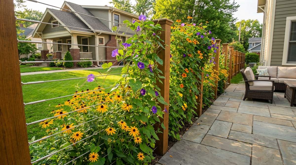 A vibrant outdoor privacy screen made of flowering vines, such as black-eyed Susan and morning glory, climbing on cable wire systems between posts. This living screen provides visual privacy while allowing airflow, ideal for spring decor in gardens or patios.