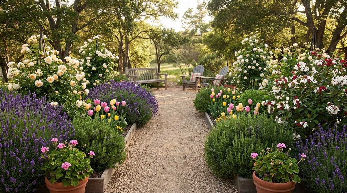 A garden pathway lined with fragrant plants such as lavender, rosemary, and scented geraniums, designed to release scents when brushed. Features seasonal blooms like spring bulbs, summer roses, and autumn clerodendrum, with seating areas positioned downwind for aromatic enjoyment.