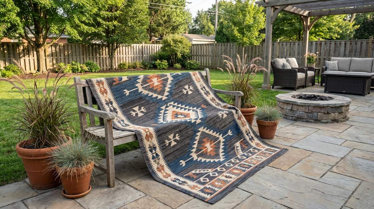A modern boho decor textile featuring geometric tribal patterns, ideal for rugs, pillows, or throws, with bold visual interest and graphic clarity that complements contemporary aesthetics.