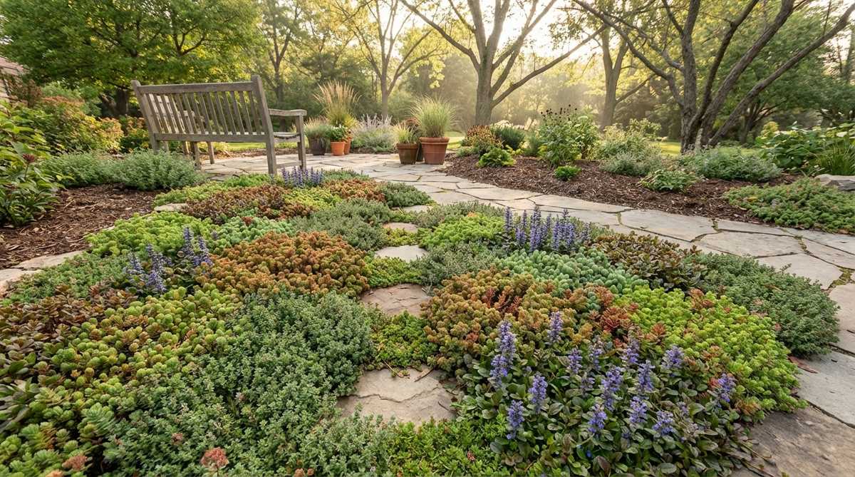 A close-up view of low-growing ground cover plants like creeping thyme, sedum, or ajuga forming a dense, weed-suppressing carpet in a small backyard garden. The image shows the mat-forming plants unifying the lowest visual plane, with some varieties under 4 inches tall planted on 8-inch centers for quick coverage near pathways, requiring no mowing and tolerating light foot traffic.