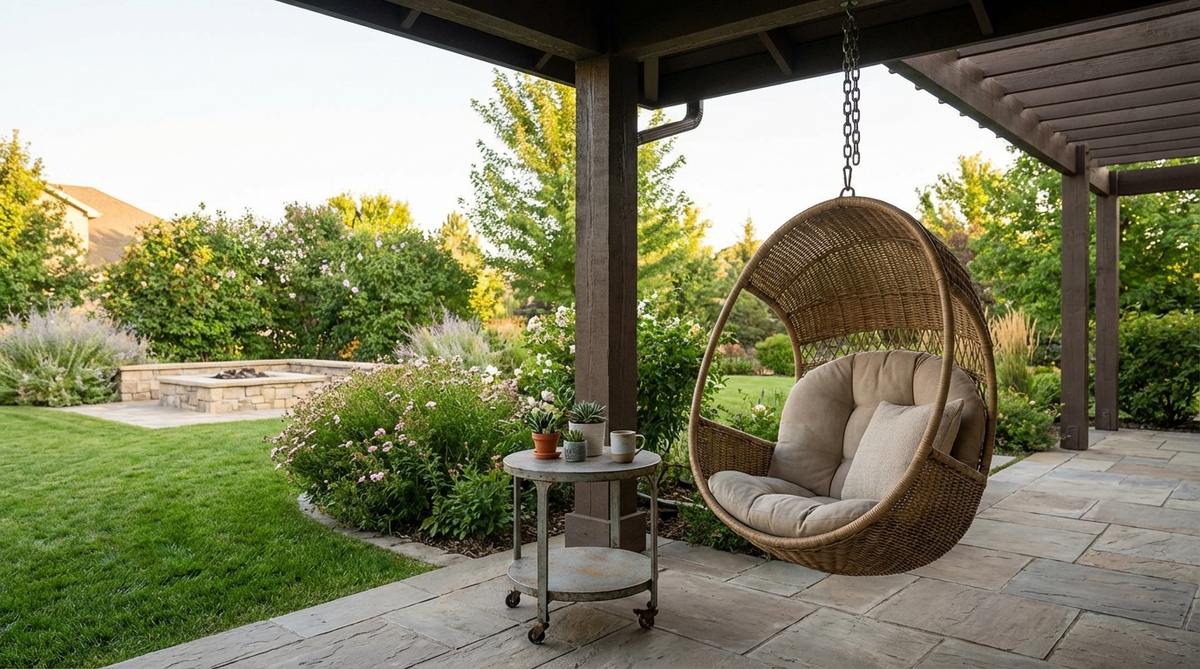 A hanging pod chair suspended from a ceiling beam or stand with a compact side table positioned underneath. The vertical stacking design saves floor space while providing lounge seating and surface area, with the table on wheels for easy repositioning when the chair is unoccupied.