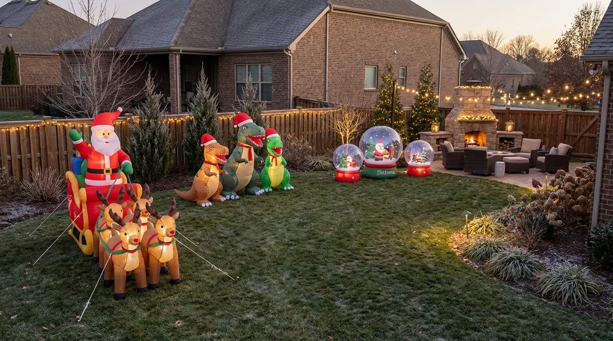 A festive garden scene featuring large inflatable characters including Santa figures, dinosaurs wearing Santa hats, and animated snow globes, arranged in narrative vignettes with proper anchoring and lighting.