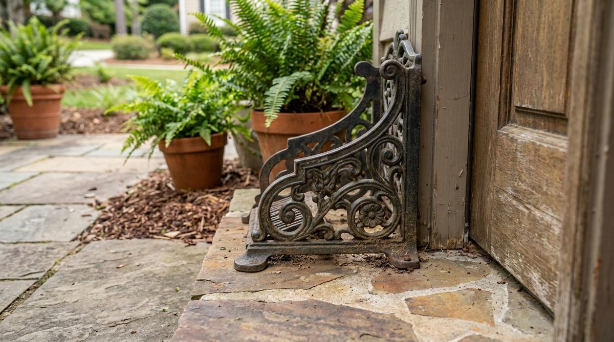 A traditional cast or wrought iron boot scraper designed for garden entrances, featuring decorative casting patterns to remove soil before tracking indoors. Mounted on solid surfaces with masonry anchors or lag bolts, this practical metal garden decor element combines historic garden traditions with functional use, adding interest to utilitarian items near doors.