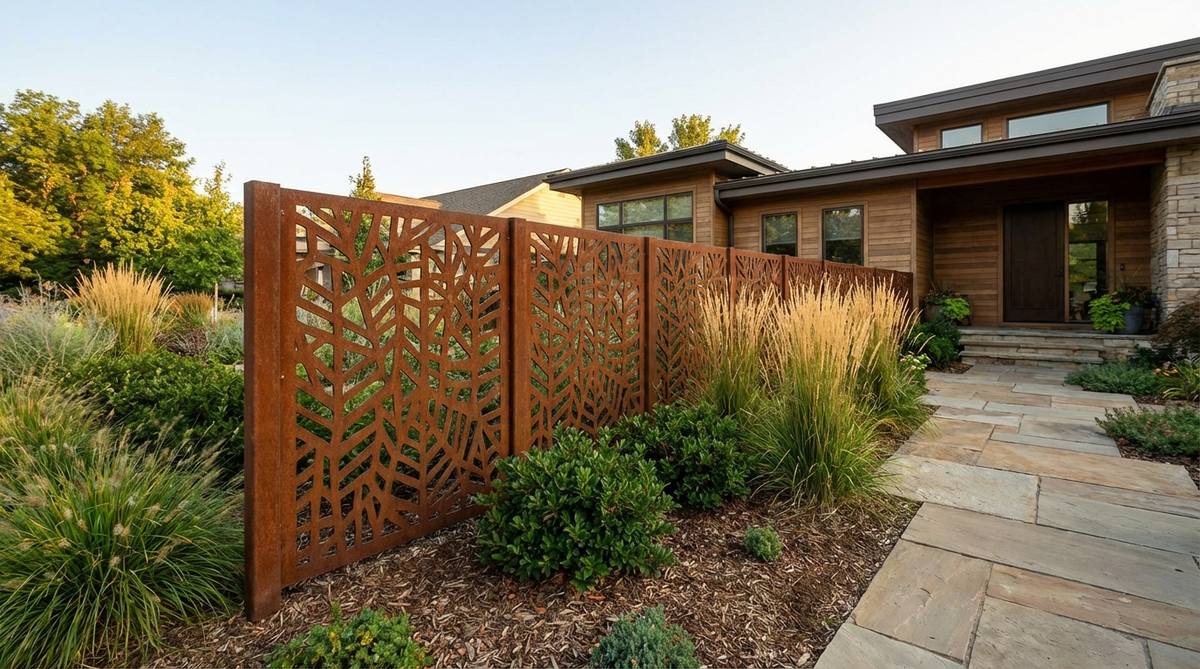 A modern garden fence featuring a laser-cut Corten steel screen with intricate patterns, showcasing the material's natural rust patina that provides weather protection without painting. This contemporary design complements earth-tone plantings and contrasts with green foliage, ideal for enhancing landscapes with geometric or organic patterns.