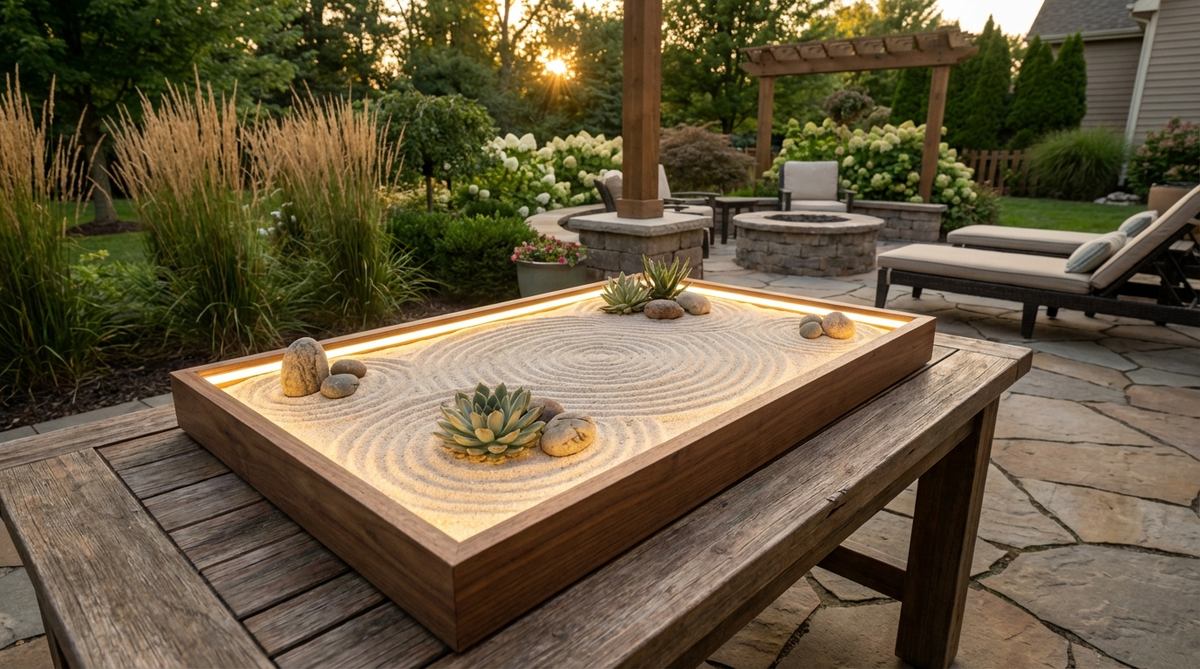 A programmable LED strip beneath translucent sand in a miniature zen garden, creating glowing color effects that shift through meditation sequences or respond to ambient sounds. Features warm white LEDs for evening meditation and customizable color-changing modes, with battery operation for up to 20+ hours on a single charge.