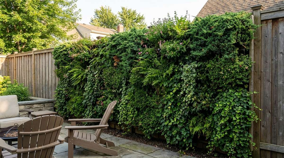 A lush vertical planting system installed on a fence, featuring dense evergreen groundcovers and trailing plants that create a privacy screen and enhance backyard aesthetics.