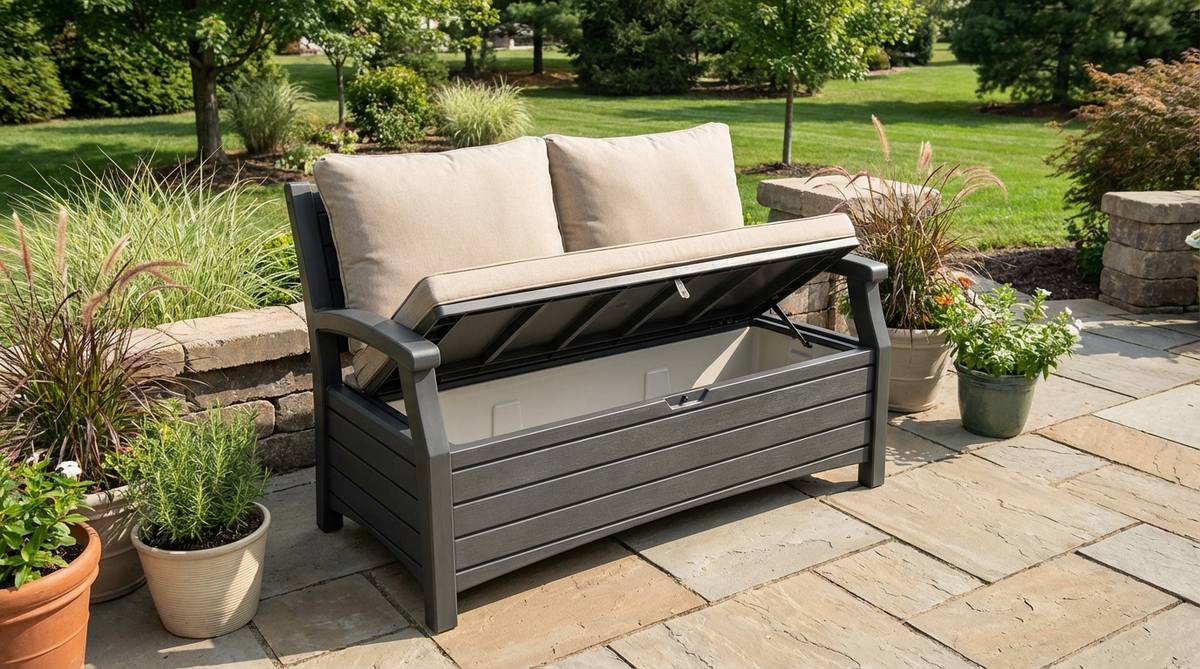 A modern garden loveseat storage bench combo with a cushioned lid that lifts to reveal waterproof storage, ergonomic back cushions, and resin construction for durability in outdoor conditions.