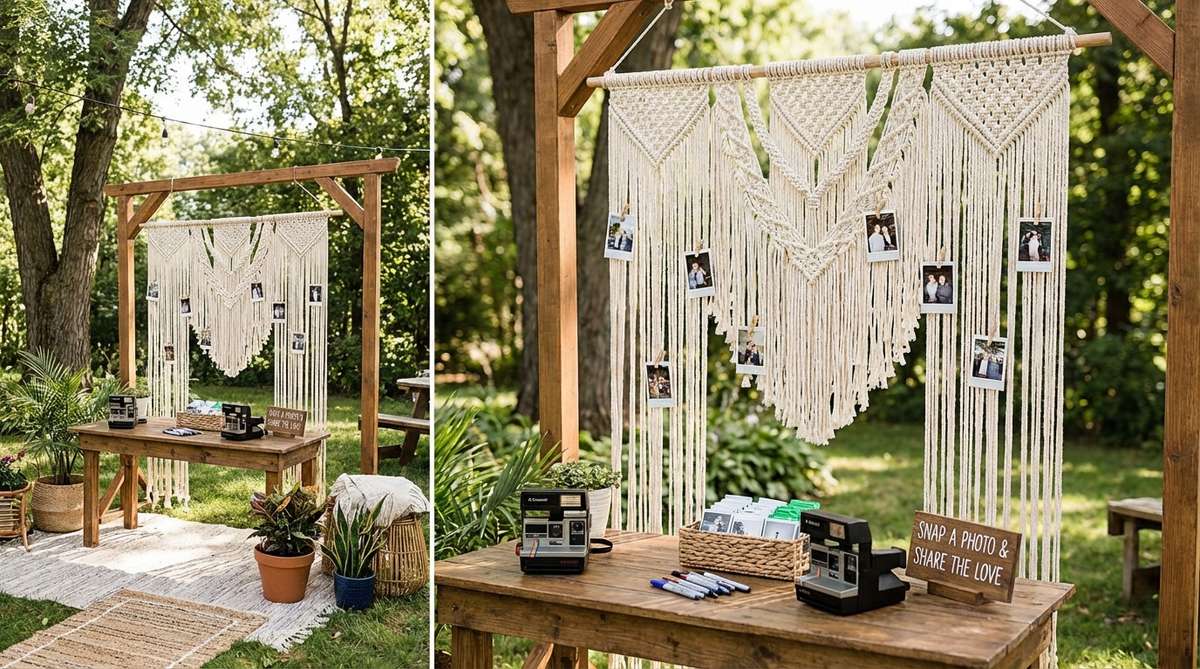 A large macrame piece used as a photo display with a Polaroid station at a boho wedding, encouraging guests to take and attach instant photos to create a growing visual record of candid moments during the reception.