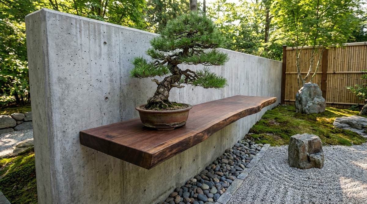 A minimalist floating shelf showcasing a bonsai tree, featuring a material contrast such as live-edge wood, polished concrete, or thick glass. The shelf material complements the bonsai style, creating a curated installation art piece in a zen garden setting.