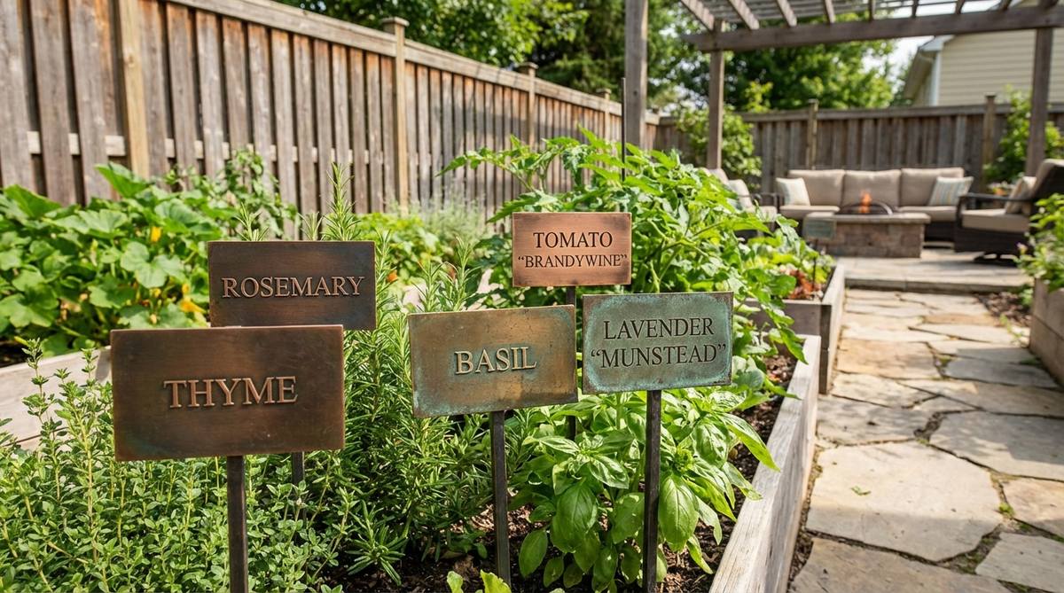 Engraved copper, brass, or aluminum labels on stakes used to identify herbs, vegetables, or specimen plants in gardens. These functional markers serve as decorative details, with consistent materials and fonts creating visual cohesion, and patina development adding character over time.