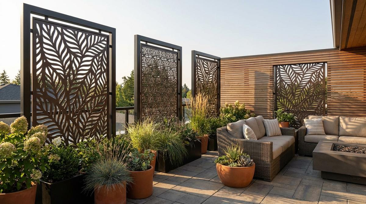 Laser-cut metal privacy screens with geometric or botanical patterns, powder-coated for rust resistance, mounted in freestanding frames or attached to walls. A contemporary balcony decor option that creates architectural focal points while providing privacy.